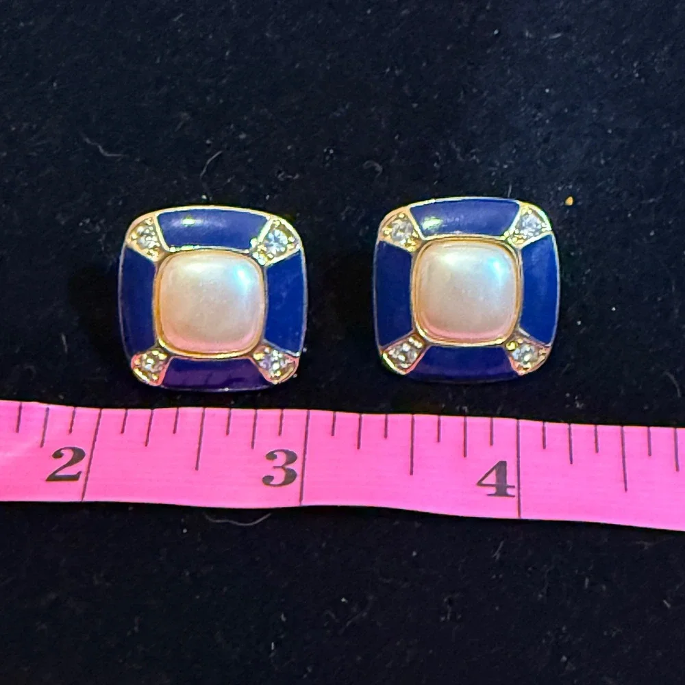 Vintage Navy Blue Enamel Faux Pearl Square Gold Tone Rhinestone Studs